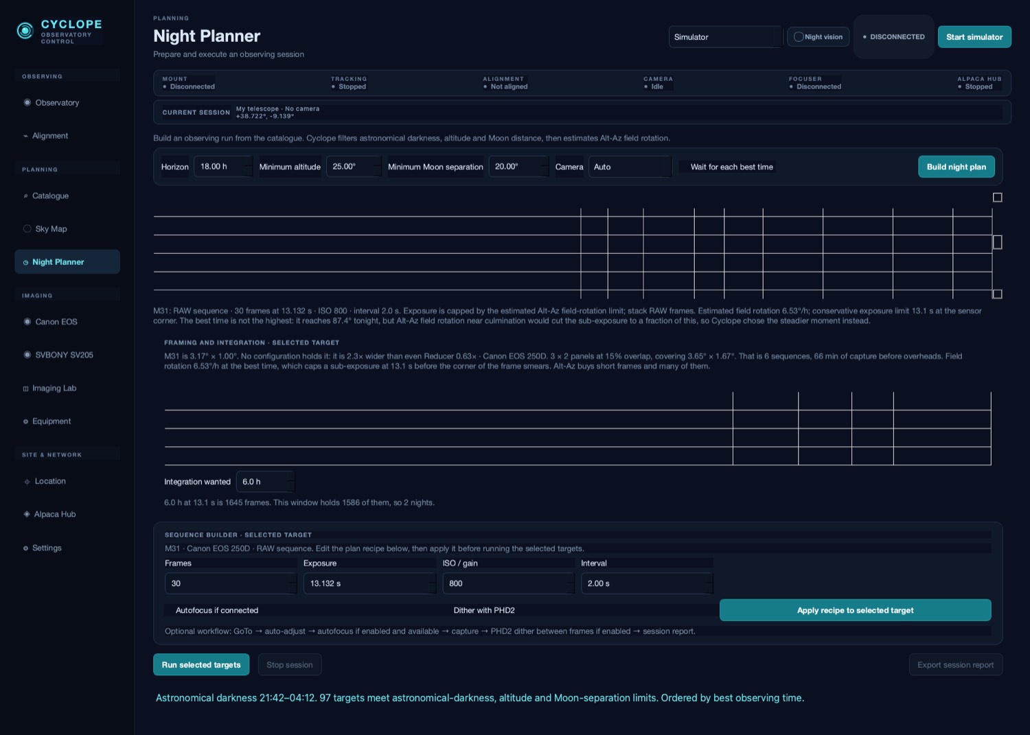 The Night Planner, showing targets, altitude windows and framing