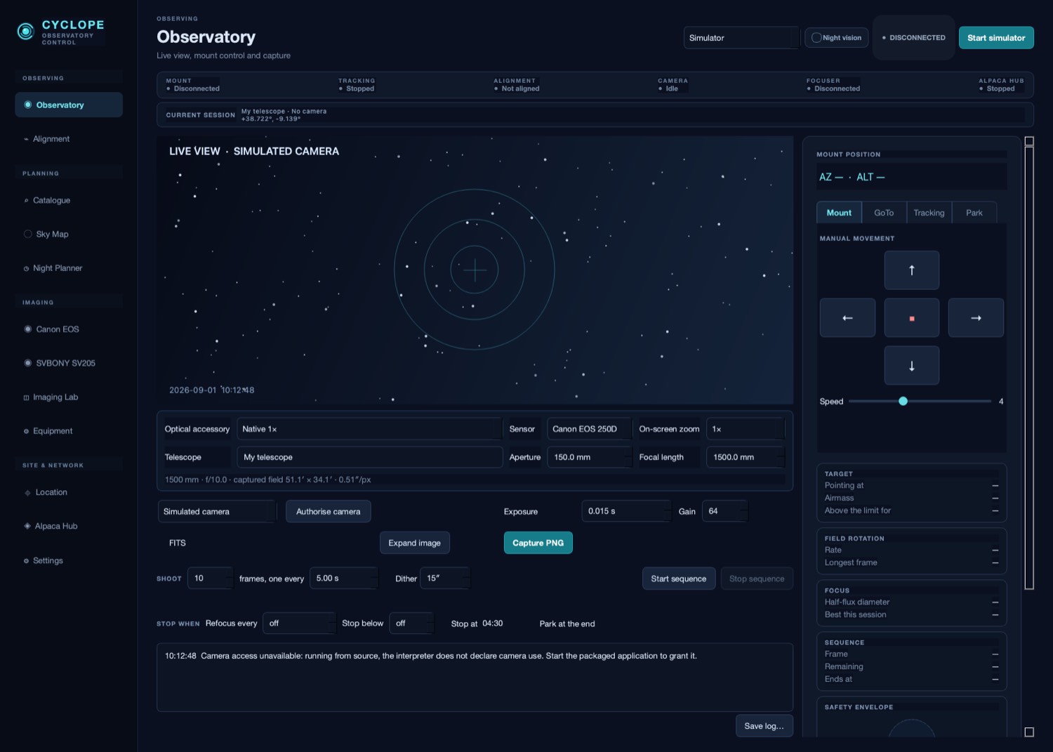 The Cyclope Observatory page: live view, mount controls and the instrument rail